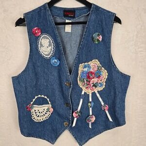 Vintage Denim Vest Lace Flower Embellished cottagecore Large women's sunbelt‎